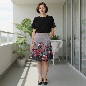 Apt. 9 Gray, Black and Pink Floral A-Line Skirt
